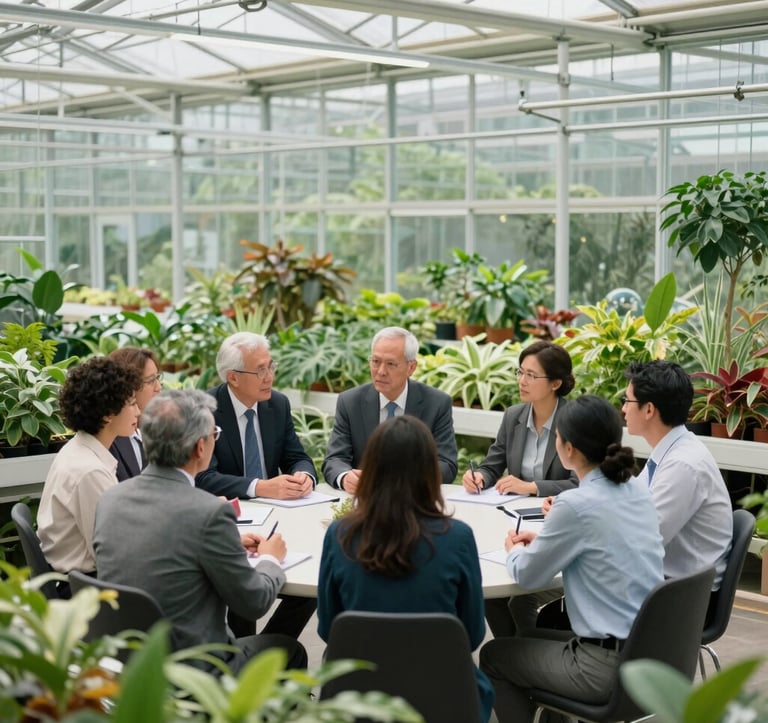 Wide-angle photography of a diverse group of agricultural professionals in business-casual attire having a collaborative meeting inside a futuristic glass research greenhouse filled with vibrant green plants. Soft, even lighting. International / Global.