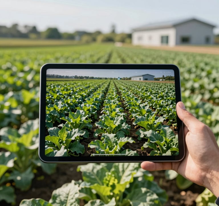 Close-up photography of a professional hand holding a high-tech tablet displaying crop analytics over a field of deep forest green crops. The lighting is bright and crisp morning sun. The background shows a modern, sustainable farm. International / Global.