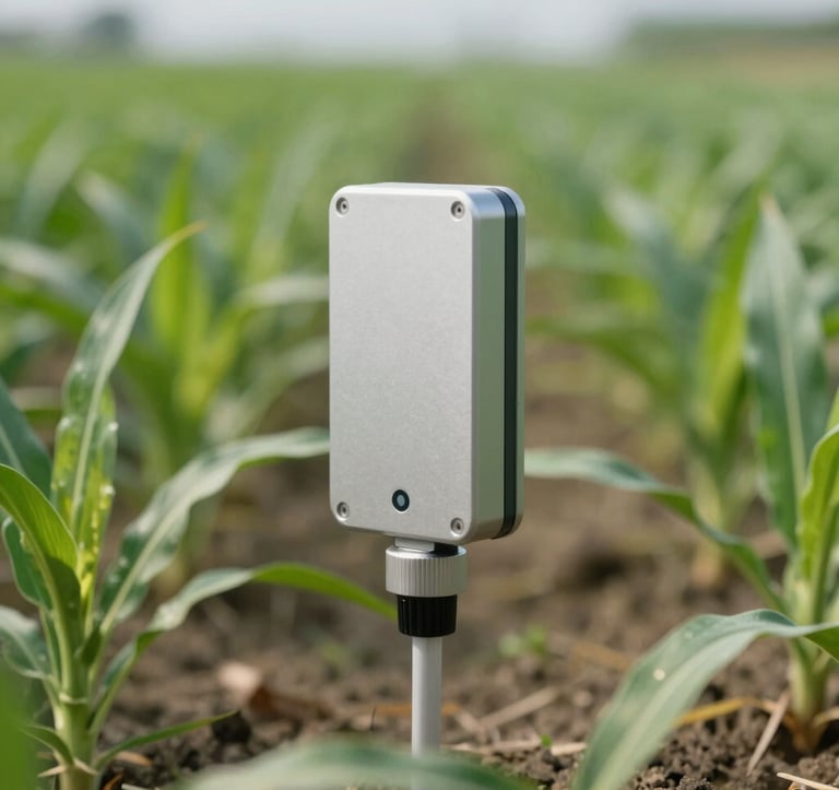 Macro photography of a smart moisture sensor installed in a row of healthy crops. The sensor has a professional, industrial design. The background shows a blurry, expansive green field during the day. International / Global setting.