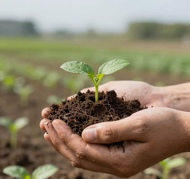 A close-up, high-detail photograph of healthy, rich soil being held in hands, with small vibrant green sprouts emerging. The background is a soft focus of a sustainable farm under a clear sky. Lighting is soft and natural. International / Global context.