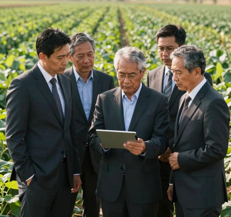 A group of diverse agricultural experts and researchers in professional attire standing in a field, looking at a digital tablet together. The composition is a medium shot emphasizing collaboration and technology. The background shows a healthy, sun-drenched crop field. Professional lighting, International / Global context, featuring dark green and light green accents.
