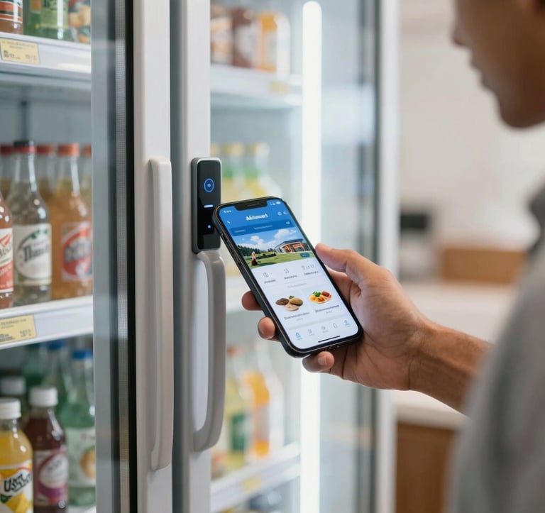 A South American / Brazilian resident using a modern smartphone app to unlock a smart glass-door refrigerator inside an AkiSmart market. The setting is bright and clean, showing a sophisticated urban residential atmosphere. Close-up on the interaction, high-quality lighting.