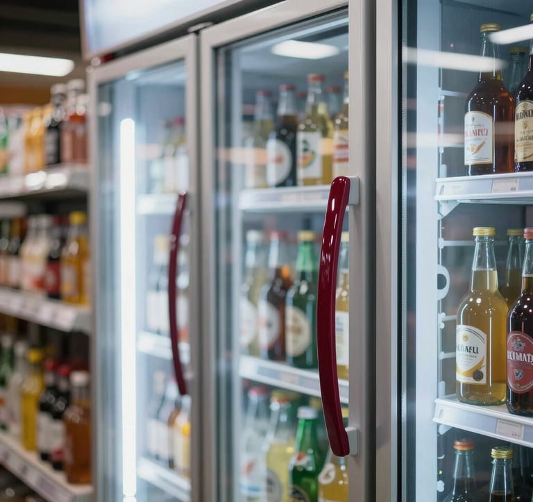 A high-quality photo of a sleek, glass-fronted beverage refrigerator inside an AkiSmart market. The lighting is crisp and cool. The handle has a subtle deep ripe crimson accent. South American / Brazilian apartment building background.