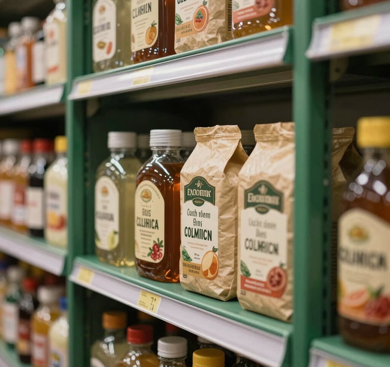 A detailed close-up shot of organized mini-market shelves containing premium products. The shelving units are matte forest green, highlighted by bright white LED strips. A crisp parchment background keeps the look elegant. South American / Brazilian market context.