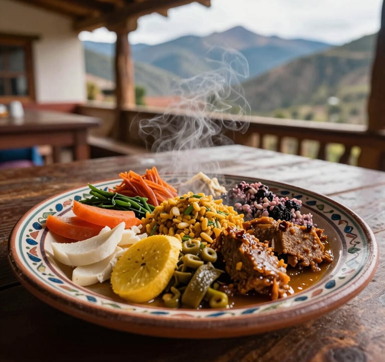 A traditional Andean dish presented beautifully on a handcrafted ceramic plate, featuring colorful local ingredients and steaming fresh food, served in a rustic restaurant with views of the mountains.
