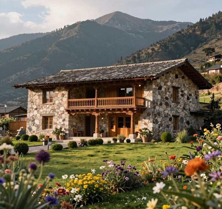 Exterior of a beautiful Andean mountain lodge, rustic architecture with stone and wood, surrounded by bright green gardens and wild flowers, South American countryside style, serene morning lighting.