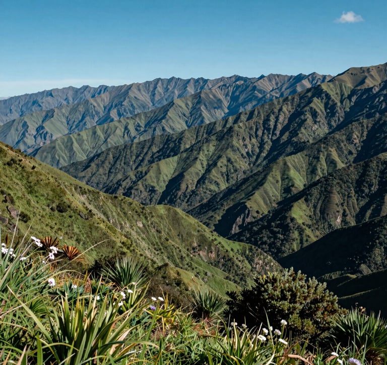 Cinematic photography of the South American mountains with layers of green ridges stretching into the distance. Lush vegetation and wildflowers in the foreground. Bright daytime lighting with a clear blue sky, capturing the immense beauty of the Andes.