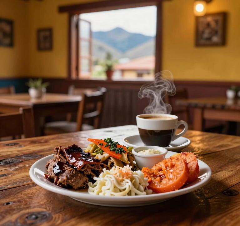 A lifestyle shot of a rustic South American Andean cafeteria, showcasing a wooden table with a plate of local gastronomy and a steaming cup of coffee. Warm interior lighting with a blurred mountain view through the window, featuring orange and yellow tones.