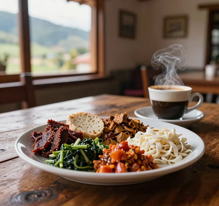 Close-up photography of authentic Andean gastronomy, a colorful plate of local food and a steaming cup of coffee on a rustic wooden table, South American restaurant interior with soft natural lighting and green mountain views through the window.