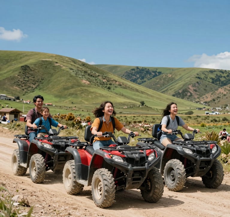 A family of four laughing while riding ATVs on a wide dirt trail in the Andean highlands. They are surrounded by vibrant green hills and clear blue skies, capturing a moment of pure adventure.