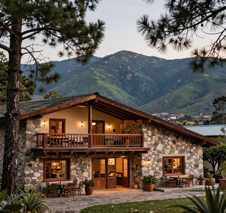 A cozy South American boutique hotel with rustic stone and wood architecture, nestled among pine trees with a view of the green mountains. The atmosphere is warm and welcoming.