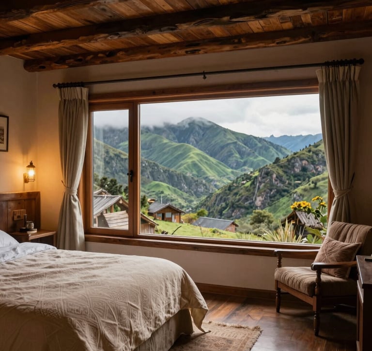 Photography of a cozy South American mountain lodge interior. Large windows reveal a panoramic view of green peaks. The room features rustic wood, cream-colored textiles, and warm ambient lighting, creating an inviting hospitality scene.