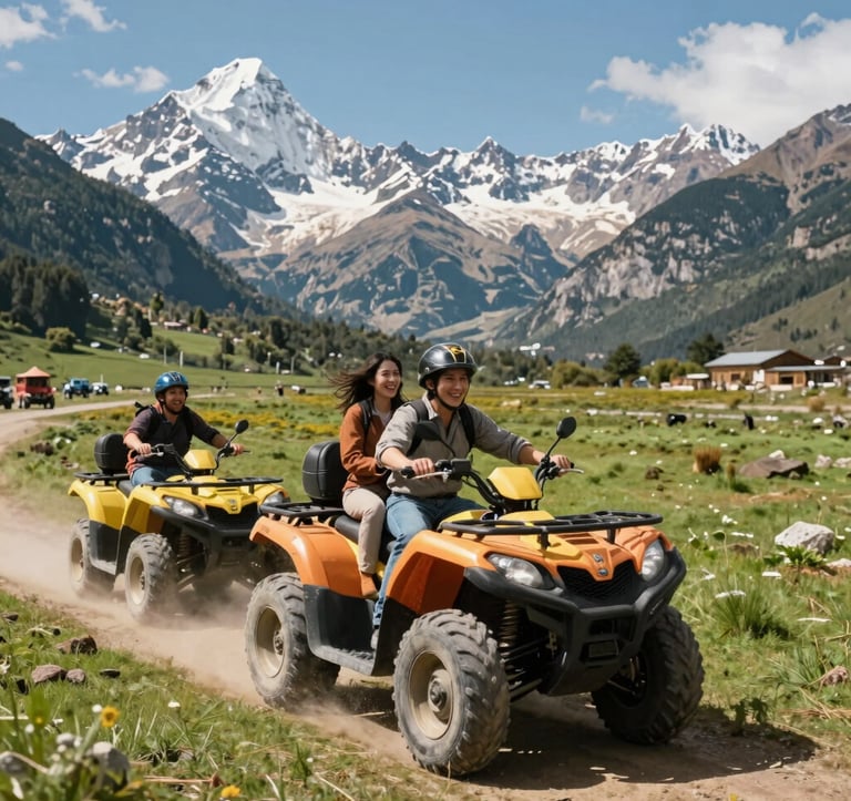 Action photography of a family riding golden yellow and warm orange ATVs through a vibrant green valley in the Andes, South American setting, joyful atmosphere, clear blue sky and majestic peaks in the background.