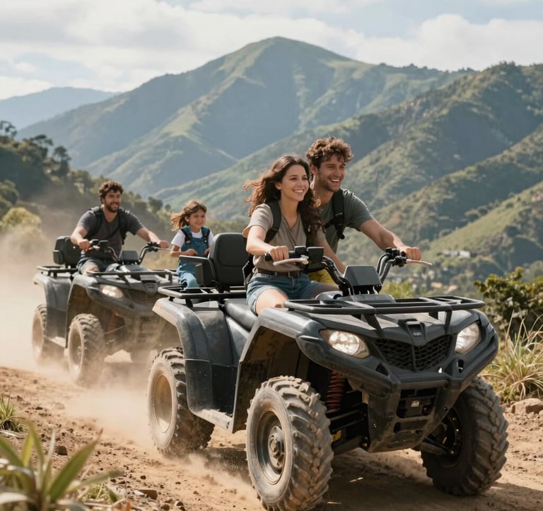 Full-shot photography of a smiling family riding quad bikes on a dirt mountain trail in South America. They are surrounded by high green mountains and a bright, sunny sky. The atmosphere is joyful and adventurous, with dust kicking up behind the tires.