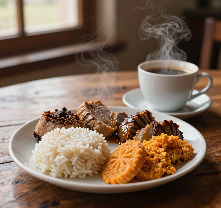 Close-up photography of authentic Andean gastronomy on a rustic wooden table. A steaming plate of local food sits next to a cup of freshly brewed artisan coffee. Natural light from a nearby window, warm cream and orange tones, inviting and cozy atmosphere.