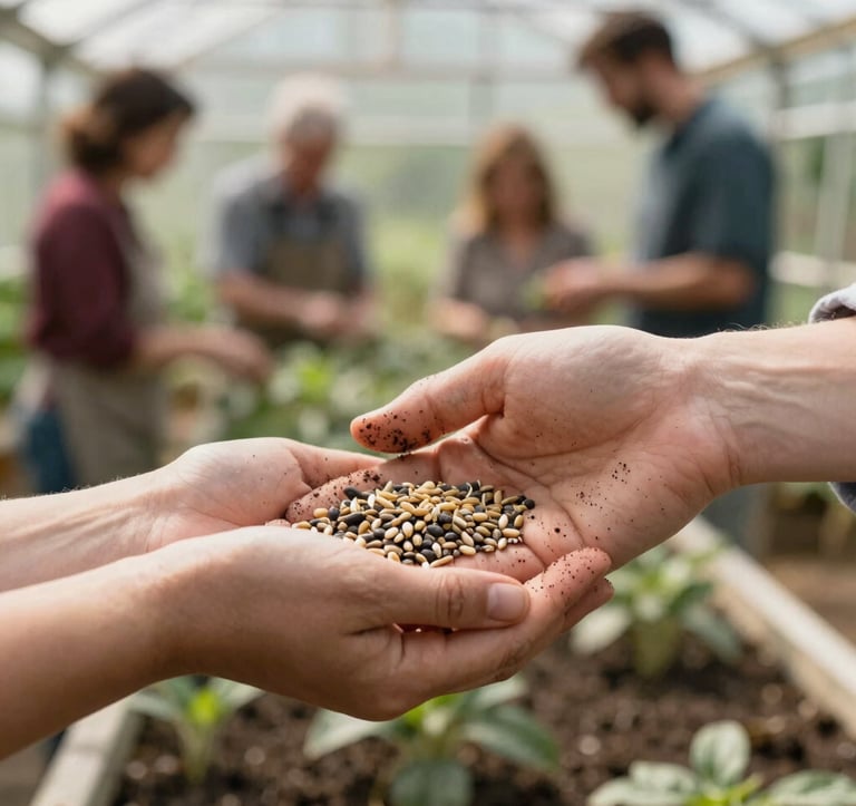 Close-up photograph of hands exchanging heirloom seeds in a sunny greenhouse, soil-dusted fingers, beautiful natural lighting, warm and welcoming community atmosphere in Northwest Arkansas.