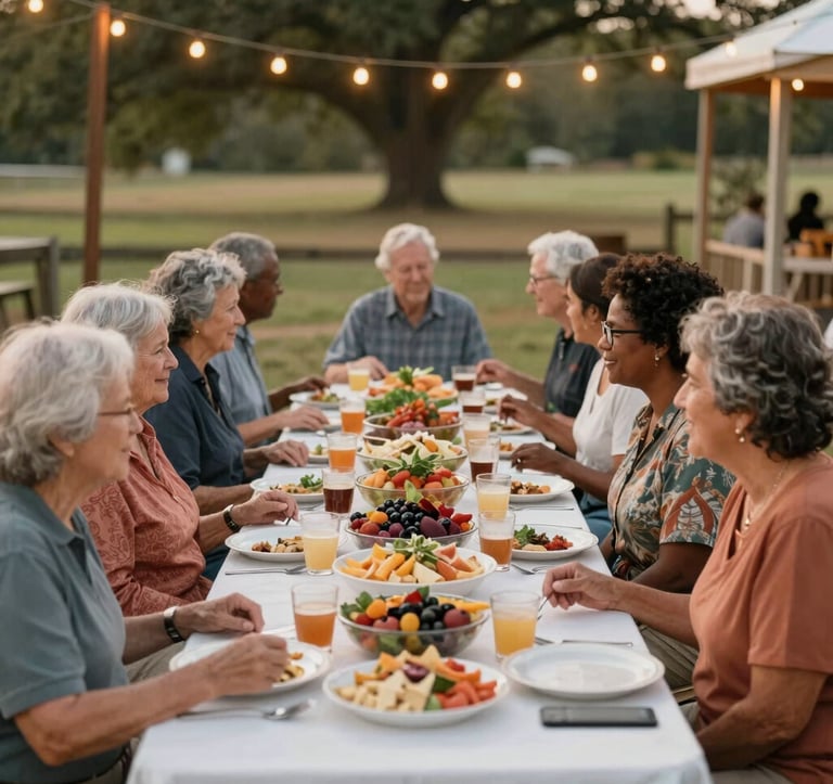 A warm, atmospheric documentary photograph of a diverse community gathering at an outdoor table on a Northwest Arkansas farm. Sharing a colorful feast of local food under string lights, with a welcoming, cozy ambience. Soft cream and terracotta tones, natural expressions, authentic moment.