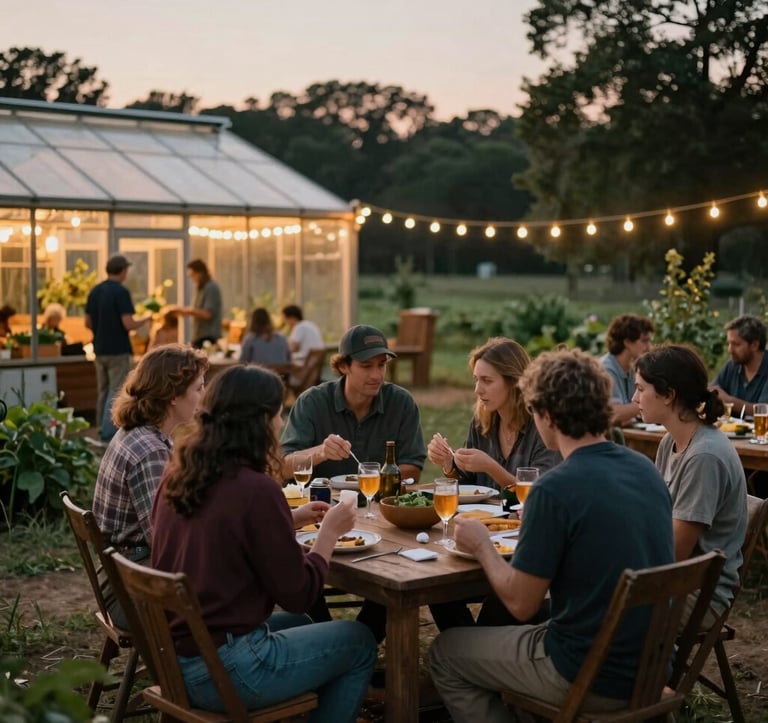 An atmospheric photograph of a community farm gathering in Northwest Arkansas, people sharing a rustic meal outdoors next to a greenhouse, warm evening twilight, soft string lights, earthy brown and deep green tones, professional photo.