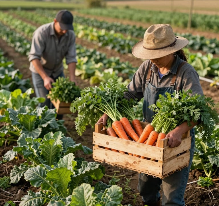 A detailed photograph of small-scale farmers working side-by-side on a vibrant vegetable farm in Northwest Arkansas, holding a wooden crate full of fresh carrots and greens, warm natural sunlight, earthy soil tones, leafy greens, professional agricultural documentary style.