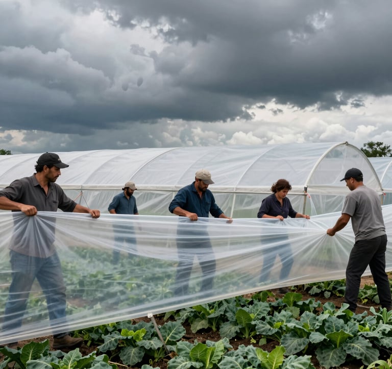 A dramatic, fast-paced action photograph of neighbors working together in Northwest Arkansas. Under a dramatic, cloudy sky, a group of farmers quickly works to secure a plastic greenhouse cover against a sudden spring weather shift. The scene is full of cooperative energy, featuring deep leafy green crops visible through the plastic structure, captured in a gritty, high-contrast realistic documentary style.