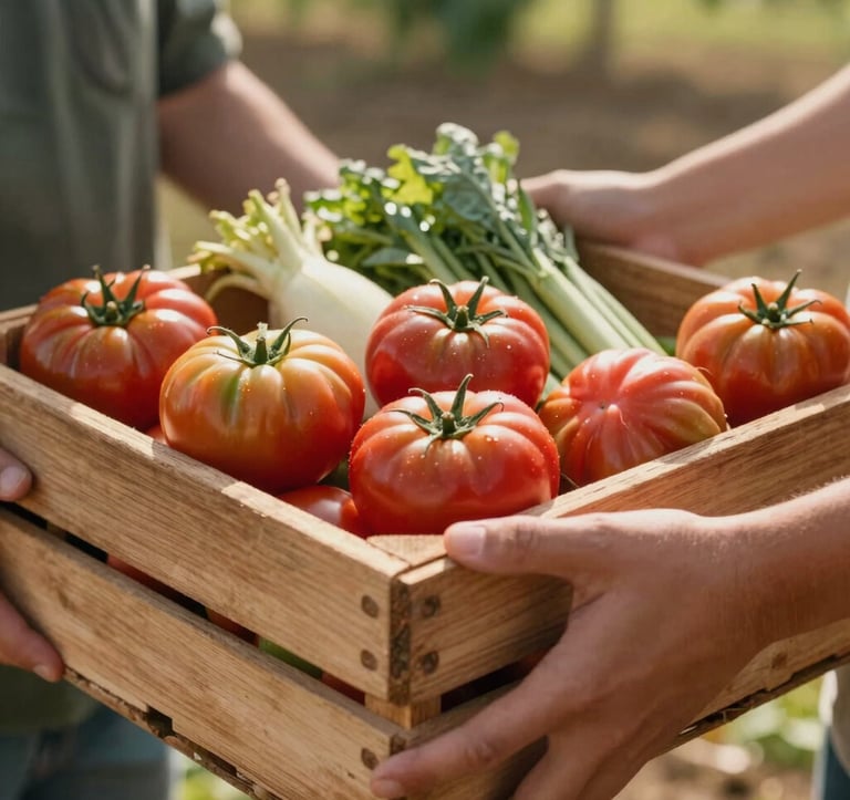 A close-up photograph of hands exchanging a wooden crate filled with vibrant, fresh-picked heirloom tomatoes and local North American / Northwest Arkansas farm produce. Warm, earthy sunlight catching the rustic wooden details, focus on community connection, natural color palette.