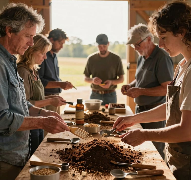 A detailed photograph of a hands-on farm workshop in Northwest Arkansas. A small group of people gathered around a wooden table exchanging heirloom seeds and handmade tools. Bright, warm afternoon light filtering through barn doors, highlighting soil brown and warm sand tones.
