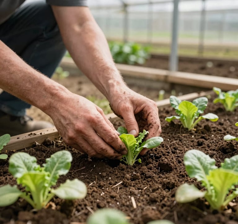 A close-up documentary photograph taken at a farm-sitting rotation in Northwest Arkansas. A volunteer's hands, smudged with warm soil brown dirt, carefully plant leafy green vegetable starts into a raised bed. The lighting is bright and natural, casting soft shadows on the rich earth. The background features a clean, professional greenhouse structure, conveying a sense of rustic yet organized mutual aid.