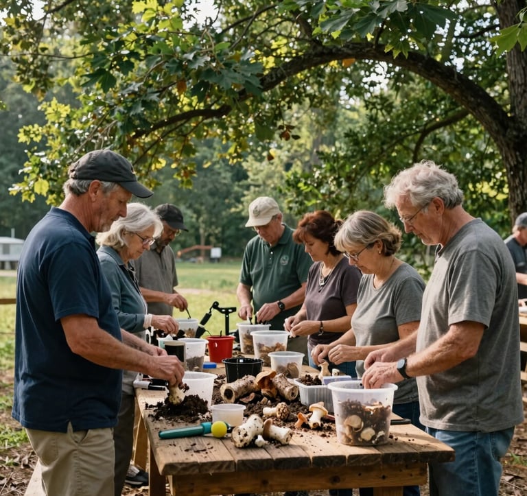 An outdoor community workshop in Northwest Arkansas on a crisp morning. A group of neighbors gathers around a rustic wooden table, learning about mushroom cultivation. There are containers of compost, logs, and tools. Soft cream sunlight filters through the surrounding deep leafy green trees. Grounded, organic, and highly welcoming atmosphere.
