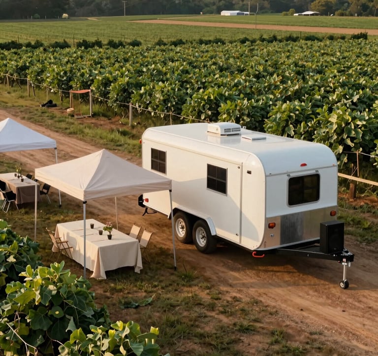 An eye-level photograph of a custom hospitality trailer parked next to a thriving rural farm in Northwest Arkansas. The scene features pop-up shelters, folding tables covered with soft cream tablecloths, and a small PA system set up for a gathering. Soft sun-gold light highlights the festive yet professional setup, surrounded by leafy green fields and a warm soil brown path.