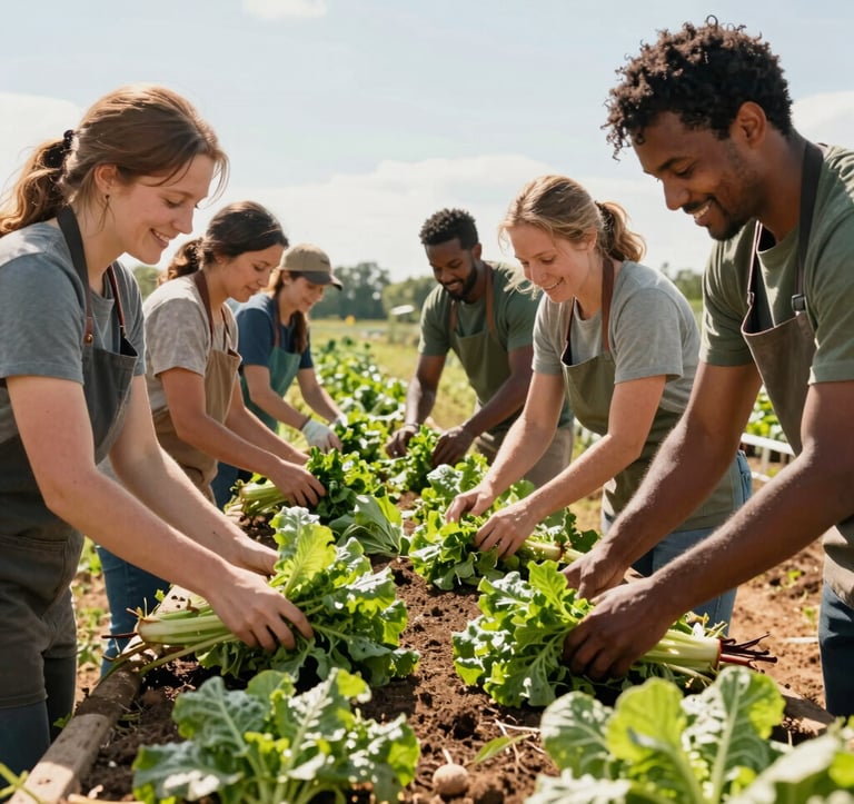 A high-quality lifestyle photograph of community members working together at CAFF or a local farm in North American / Northwest Arkansas. A diverse group of food advocates are smiling, harvesting fresh greens together under a sunny sky. Earthy tones of leafy greens and warm soil.