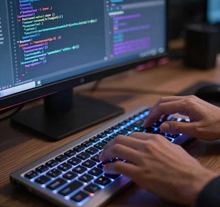 A detailed close-up of a software engineer's hands typing on a high-end backlit keyboard. Reflections of code in medium blue and lavender hues appear on a sleek monitor in a professional North American tech setting.