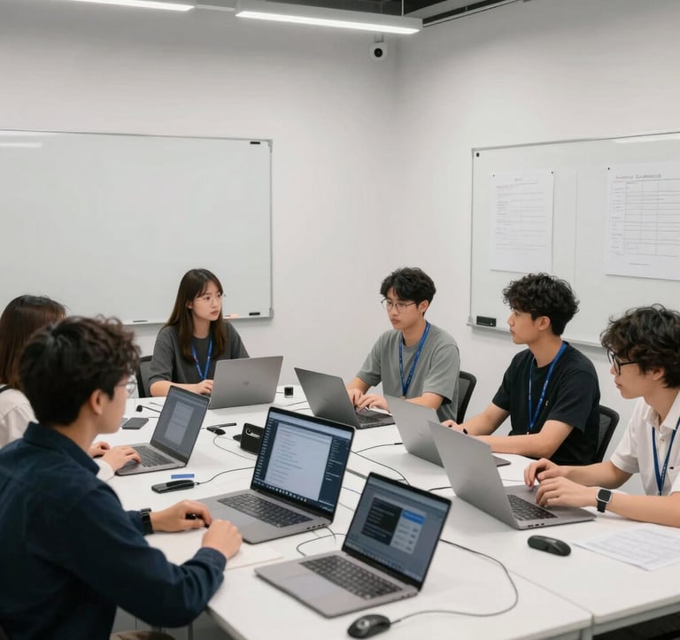 A wide shot of a collaborative tech brainstorming session in a modern North American studio, featuring high-end hardware, clean whiteboards, and a professional, innovative atmosphere.