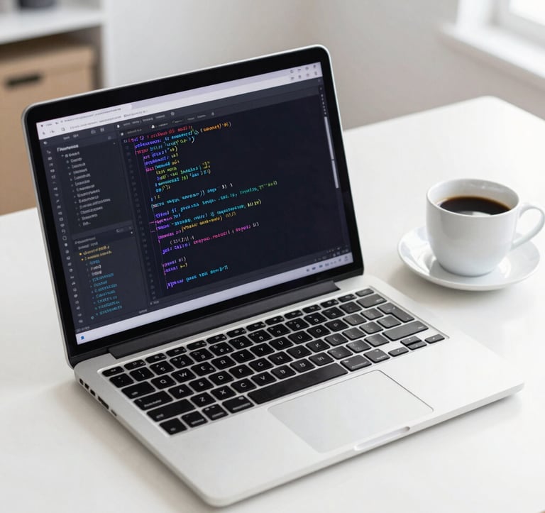 A clean, high-resolution photograph of a high-end laptop on a white desk in a bright North American office. The screen shows a sophisticated code editor with syntax highlighting in blue and purple. A cup of black coffee sits nearby. The lighting is bright, clean, and airy.