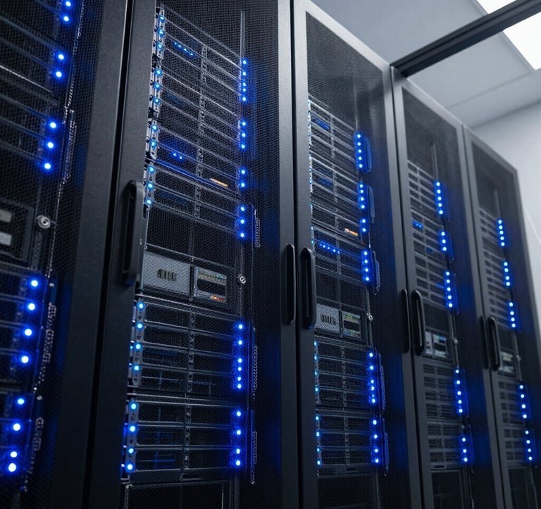 An organized server room in a North American data center with glowing deep blue and light blue LED indicators. The composition is a low-angle shot showing rows of high-performance hardware, emphasizing reliability and scale.
