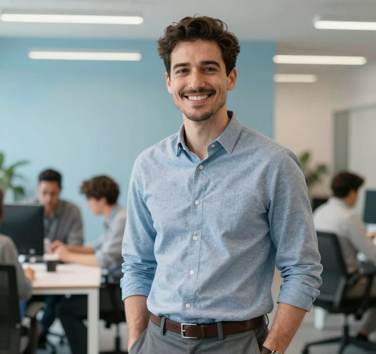 A portrait of a male tech professional in smart-casual attire standing in a bright, modern US collaborative workspace. He is smiling confidently, with a blurred background showing a clean, high-tech office environment with light blue accents.