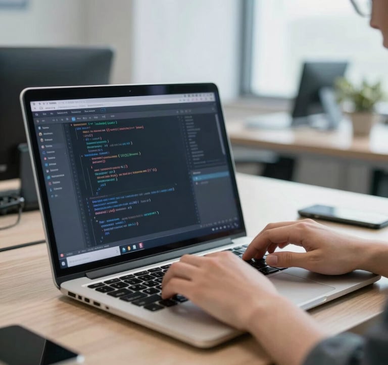 A professional software engineer working on a high-end laptop in a bright North American office environment, focusing on design and code, with soft natural lighting and subtle blue accents.
