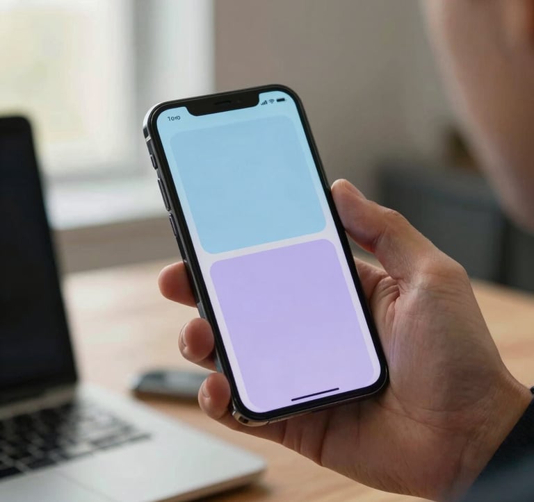 A close-up photograph of a professional's hand holding a high-end smartphone in a North American office setting. The screen displays a clean, modern application interface with light blue and lavender accents. The background is softly blurred, showing a professional workspace with warm, natural light.