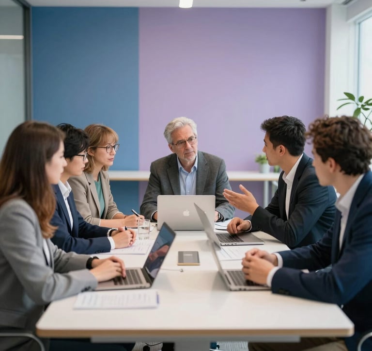 A focused collaborative session in a bright, modern North American office. Professionals are engaged in a strategy meeting around a large table, with medium blue and lavender tones integrated into the room's decor.