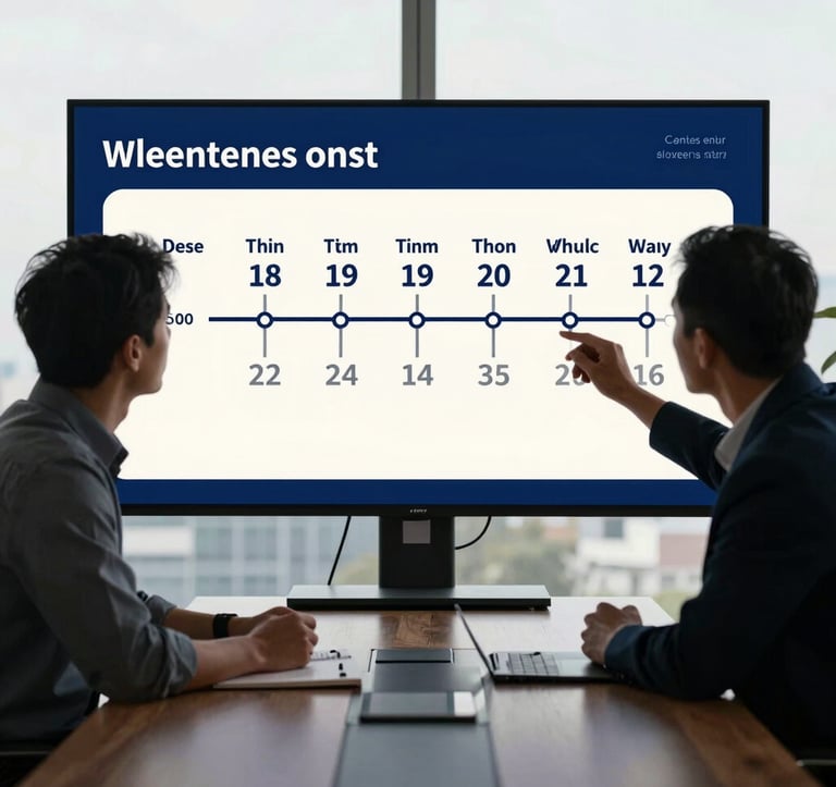 A medium shot of two professionals in a modern North American boardroom, silhouetted against a bright window, reviewing project milestones on a large digital screen. The screen shows a project timeline with deep blue and off-white styling. The scene conveys trust and teamwork.