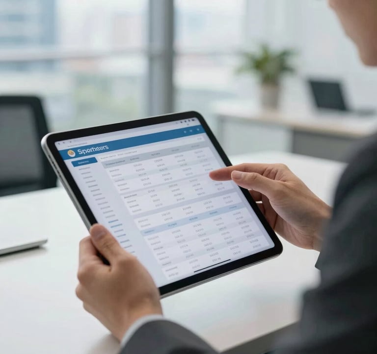A close-up photograph of a person in professional attire using a tablet to view property data and market trends. The setting is a clean, modern North American office with a blurred background of city windows.