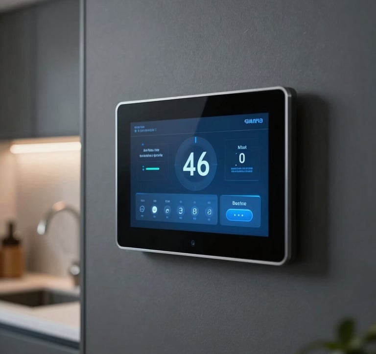 Close-up of a high-tech smart home interface integrated into a sleek North American kitchen wall. The lighting is cool and professional, showcasing modern technology that appeals to first-time and experienced buyers.