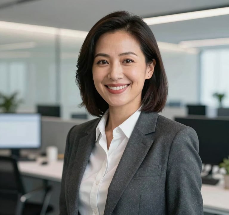 A professional headshot of a female executive in business attire, smiling warmly in a high-tech corporate office environment. The background is slightly blurred, showing modern workstations and light gray architectural details.