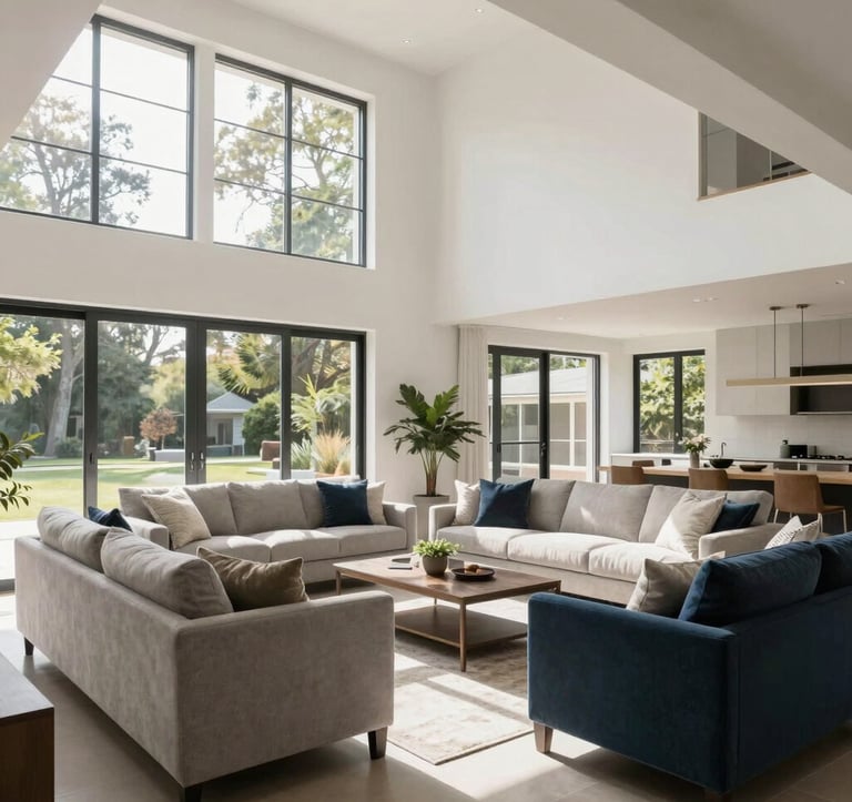 Bright and airy interior photography of a modern North American living room featuring high ceilings, white space, and designer furniture in shades of light grey and dark blue. Natural sunlight streams through large glass doors.