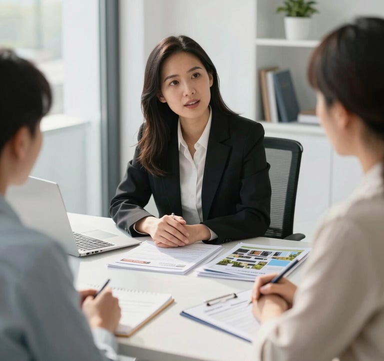 Professional real estate agent consulting with clients in a bright, modern light-filled office. The scene captures trust and reliability, with architectural models and property brochures visible on a clean white desk.