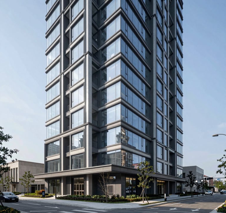 A high-end architectural photograph of a modern residential development in a North American urban area. The image captures the sleek glass facade and minimalist design during the day. The perspective is from the street level, showing clean sidewalks and a clear blue sky.
