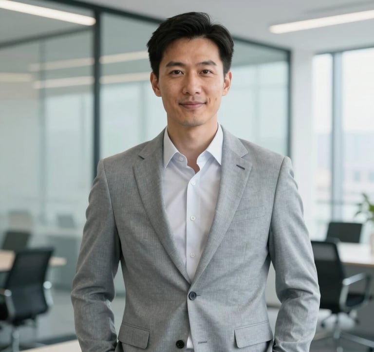 A professional portrait of a male real estate expert in a light gray tailored suit, standing in a brightly lit, modern North American office with glass walls. The lighting is soft and approachable, conveying reliability and expertise.