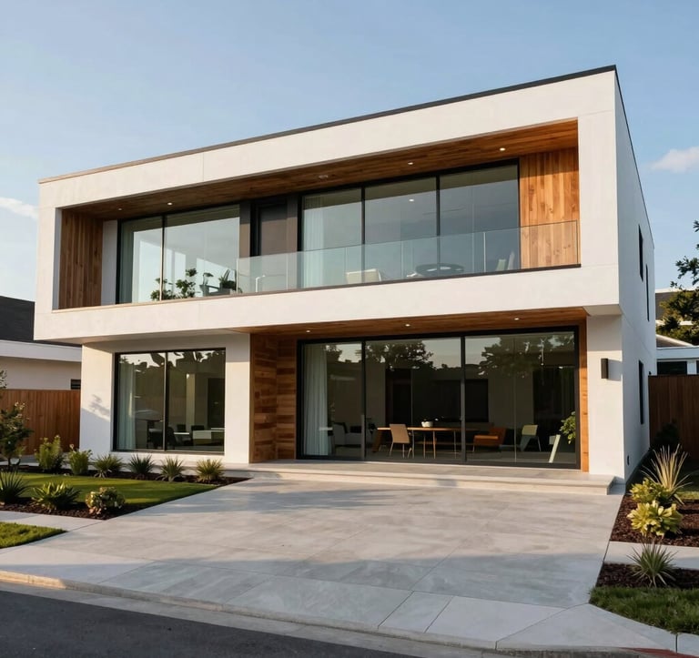 A wide-angle exterior photograph of a stunning luxury modern home in North America. The house features floor-to-ceiling glass windows, natural wood accents, and clean white lines. The lighting is crisp afternoon sunlight, highlighting the professional landscaping and architectural detail.