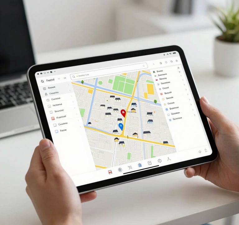 A close-up photograph of a sleek, modern tablet being held by a hand. The screen displays a professional map interface with residential property pins and clean search filters. The setting is a brightly lit, modern North American home office with a blurred white space background.