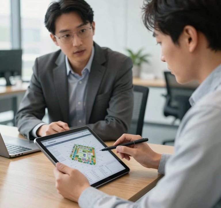 A professional setting in a North American corporate office. Two people are engaged in a collaborative discussion over a tablet showing property data. The lighting is bright and airy, emphasizing a culture of trust and transparency.