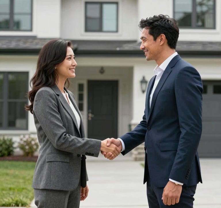 A lifestyle photograph of two professionals in smart-casual attire shaking hands in front of a modern North American house. The composition is clean and focused, conveying trust and reliability. The lighting is bright and airy, emphasizing a professional yet approachable atmosphere.